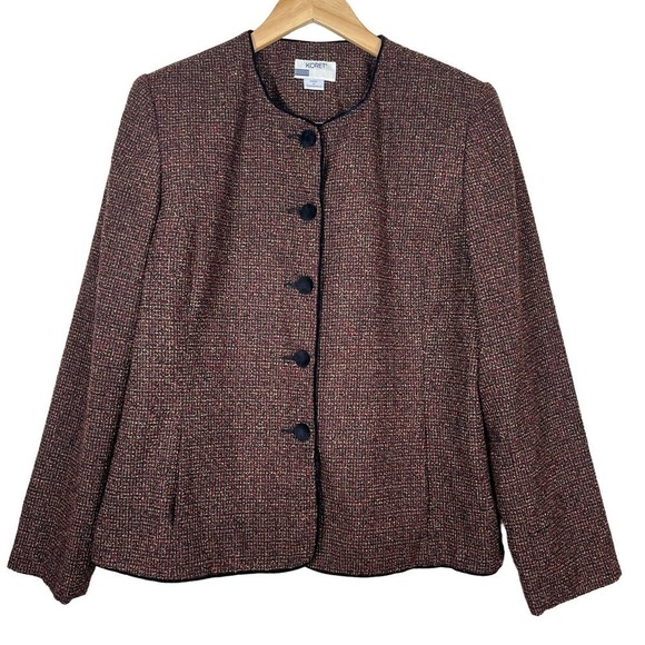 Vintage 80’s Koret Tweed Blazer Velvet Buttons Red Black Size 14 - Picture 3 of 13